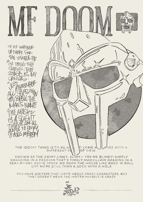 MF DOOM handrawn design, quoted lyrics Mf Doom Poster Black And White, Mf Doom Comic Art, Mf Doom Graphic Design, Mf Doom Prints, Mf Doom Drawing Sketch, Mf Doom Illustration, Mf Doom Art Drawing, Mf Doom Quotes, Dr Doom Sketch