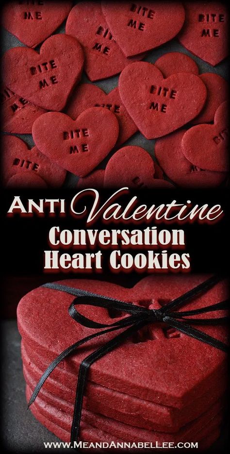 Bite Me Conversation Heart Anti Valentine Red Velvet Sugar Cookies| Tie up these dark red cookies with a black ribbon for a Gothic Valentine’s Day Gift | Use a Cookie Imprinter to Personalize your Cookies | Me and Annabel Lee Red Velvet Sugar Cookies, Raspberry Filled Cupcakes, Velvet Sugar Cookies, Valentines Red Velvet, Red Cookies, Gothic Valentine, Annabel Lee, Spooky Food, Valentine Desserts