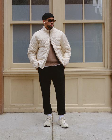 Puffer jacket Cream Puffer Jacket Outfit Men, Cream Shoes Outfit Men, Cream Jacket Outfit Men, Cream Shoes Outfit, Cream Puffer Jacket Outfit, Beige Puffer Jacket Outfit, Cream Jacket Outfit, Cream New Balance, Beige Jacket Outfit