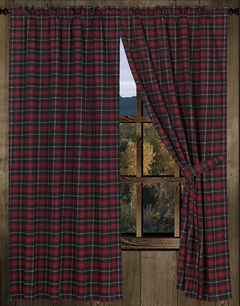 Cabin Curtain Ideas, Log Cabin Curtains, Lodge Office, Country Shutters, Cabin Bedding, Cabin Curtains, Log Cabin Ideas, Cabin Living Room, Cabin In The Mountains