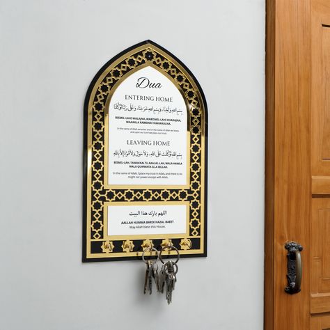 🎉 Every action, no matter how mundane, holds the potential for spiritual significance. This includes something as simple as dua for entering and leaving the home. Introducing our entering & leaving home dua frame with key stands. Features: - Dua for entering & leaving home - 5 key stand - Acrylic material Key Stand, Trust In Allah, Ramadan Cards, In The Name Of Allah, Name Of Allah, Eid Cards, Oil Bag, Islamic Decor, Kids Interior Room