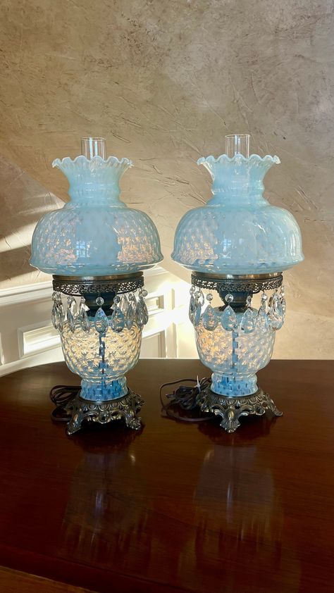 This Vintage Pair of Fenton lamps are absolutely beautiful. They are in working order and look beautiful lit or not.   Dimensions; Approximately 11" Diameter  23" Tall  ** This price includes Free Shipping within the USA ** Winter Theme Fairy Lamp Fenton, Fenton Lamps With Train Sce, Fenton Lamps Blue, Antique Lamps Victorian, Pretty Lamps, Bridge Lamp, Bed Lamps, Fenton Lamps, Donna Lee