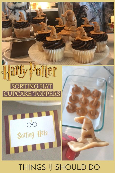 Harry Potter party activities. Make your own Harry Potter sorting hat out of caramel. This activity is perfect for your Hogwarts loving child (or adult). And they make a tasty cupcake topper! Sorting Cupcakes Harry Potter, Sorting Hat Cupcakes Topper, Harry Potter Cupcakes Sorting Hat, Harry Potter Sorting Cupcakes, Harry Potter Sorting Hat Food, Harry Potter Cupcakes Ideas Easy, Sorting Hat Dessert, Harry Potter Cupcakes Easy, Harry Potter Sorting Hat Cupcakes