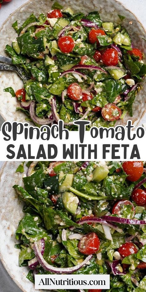 If you are looking for tasty vegetarian recipes for your low calorie diet you will love this spinach tomato salad. Make this quick recipe for a healthy low calorie lunch or side dish you will love. #salad #LowCalorie Healthy Low Calorie Lunch, Tomato Salad With Feta, Low Calorie Lunch, Salad With Feta Cheese, Low Calorie Salad, Spinach Tomato, Feta Cheese Salad, Healthy Low Calorie, Salad Diet