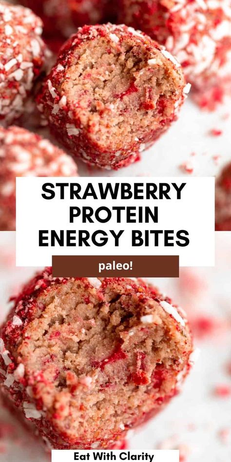 Protein Energy Bites, Protein Balls Healthy, High Protein Snack, Strawberry Protein, High Protein Desserts, Protein Bar Recipes, Protein Treats, Protein Snack, Protein Powder Recipes