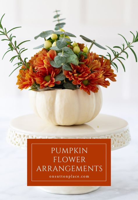 Make these mini pumpkin flower arrangements for a fall dinner party or your family Thanksgiving celebration. Dress up your fall tablescape with this darling favor idea. Fall flowers, fall arrangement. Pumpkin Flower Arrangements, Pumpkin Floral Arrangements, Crafts Fall, Pumpkin Arrangements, Fall Dinner Party, Fall Flower Arrangements, Sutton Place, Pumpkin Flower, Fall Arrangements