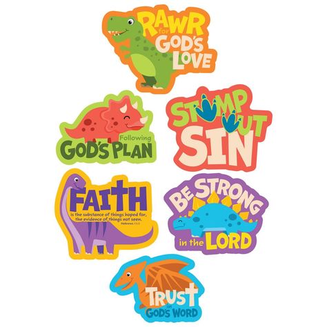 Transform a VBS team space or study room into a rawr-some area with these cutouts! Each piece features dinosaur-themed images and a faith message, including "Trust in God's Word", "Rawr for God's Love", "Stomp Out Sin", "Be Strong in the Lord" and more. Grab this set for the next Dinosaur VBS week or themed church festival. Cardstock. (6 pcs. per set) 18" - 20 1/2" x 13" - 16" © OTC Vbs Dinosaur Theme, Dinosaur Vbs Decorations, Dino Vbs, Vbs Themes Ideas, Dinosaur Vbs, Dino Craft, Dinosaur Classroom, Be Strong In The Lord, Team Space