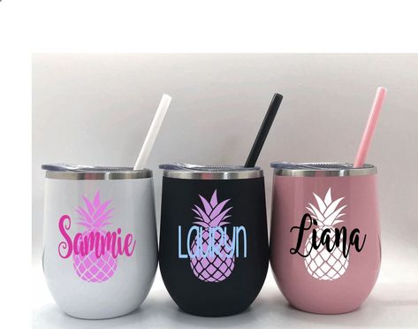 "Pineapple Wine Tumbler with Straw and Lid Tropical Wine Cup Beach Wine Tumbler Bachelorette Party Cup Bridesmaid Gift Pineapple Wedding * Q U I C K * F A C T S * ✺ This price is for one tumbler only ✺ Tumbler Colors: Matte Black, Carnation Pink, Marble and Gloss White ✺ These are 12 oz double wall 18/8 stainless steel copper coated, vacuum insulated travel tumblers with a powder coated finish that protects against chips and scratches. ✺ Each tumbler measures: 4.5\" H x 3.25\" Diameter ✺ Each tu Pineapple Wine, Pineapple Wedding, Pineapple Tumbler, Bachelorette Party Cups, Nautical Party, Funny Wine, Cup Ideas, Wine Cup, Tumbler Ideas