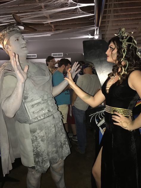 Mythical Couples Costumes, Medusa Couples Halloween Costume, Medusa Dress Diy, Greek Mythology Couples Costumes, Medusa Costume Couple, Medusa And Stone Man Costume, Medusa Victim, Medusa Couples Costume, Medusa And Stone Costume