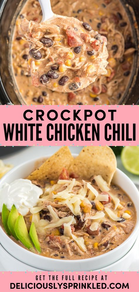 This warm comfort food for dinner is one of the best! Filled with shredded chicken, black beans, cream cheese, and more, this slow cooked chili is a bowl of creamy, delicious soup. Plus, this Crockpot White Chicken Chili Recipe is the perfect weeknight meal! Cream Cheese Rotel, Crockpot Chicken Chili Recipes, White Chicken Chili Recipe Crockpot, Creamy Chicken Chili, Chicken Black Beans, White Chicken Chili Slow Cooker, Slow Cooker Chicken Chili, Crockpot White Chicken Chili, White Chili Chicken Recipe