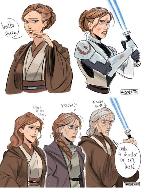 Gender Bent Star Wars, Obi Wan Kenobi Genderbend, Genderbent Star Wars, Genderbent Obi Wan, Obi Wan Genderbend, Korkie Kryze Fan Art, Anakin Skywalker Genderbend, Star Wars Clone Fanart, Anakin Obi Wan Ahsoka Fanart