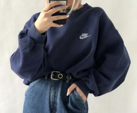 Dark Blue Crewneck Outfit, Dark Blue Sweatshirt Outfit, Navy Blue Crewneck Outfit, Navy Blue Sweatshirt Outfit, Navy Sweatshirt Outfit, Blue Crewneck Outfit, Blue Pullover Outfit, Nyx Aesthetic, Blue Sweatshirt Outfit