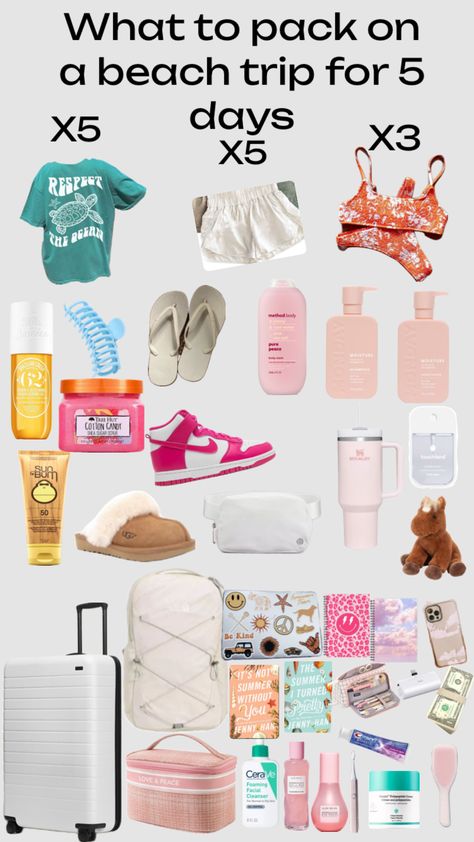 What to pack for a 5 day beach trip #packinginspo Spring Break Aesthetic Outfits, Beach Trip Packing, What To Pack For Vacation, Preppy Travel, Spring Break Trips, Cute Nike Shoes, Vacation Packing, Cute Nikes, Summer Glow