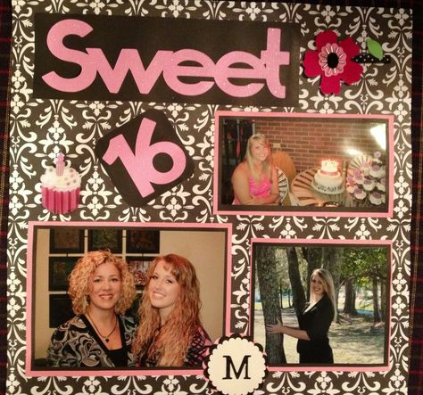 Sweet 16 Birthday Scrapbook Page Sweet 16 Scrapbook Ideas, Sweet Sixteen Scrapbook Page Ideas, Sweet 16 Scrapbook Ideas Layout, Birthday Scrapbook Layouts, Birthday Scrapbook Pages, Anniversary Scrapbook, Scrapbook Images, Youth Games