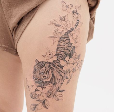 Tiger Tattoo Ideas Female, Back Tattoo Tiger, Female Tiger Tattoo, Back Hip Tattoo, Tiger Thigh Tattoo, Tiger Back Tattoo, Tiger Tattoo Thigh, Tiger Tattoo Sleeve, Side Thigh Tattoos