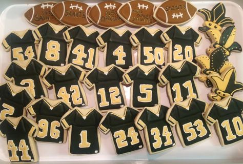 New Orleans Saints Football - Decorated Sugar Cookies by I Am The Cookie Lady Football Cakes, New Orleans Saints Football, Football Cake, Saints Football, Who Dat, Decorated Sugar Cookies, Fun Cookies, Birthday Themes, Bake Sale