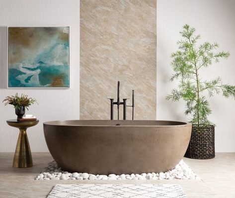 eco friendly bathtubs Vibe Bathroom, Concrete Bathtub, Bright Home Decor, Wood Bathtub, Tub Design, Freestanding Tubs, Standing Tub, Bright Home, Home Design Magazines