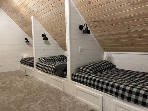 Full size beds in full size loft. 3 1/2’ side walls 14/12 pitch roof. Perfect amount of room for adults or kids. Great storage under built in’s. Barn Loft Ideas, Loft Room Ideas, Full Size Beds, Bonus Room Design, Attic Bed, Cabin Loft, Garage Guest House, Barn Loft, Windows To The Soul