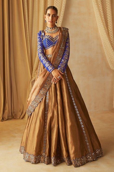 Buy Brown Lehenga And Dupatta: Shimmer Organza Embroidered Mirror Work Set For Women by Vvani by Vani Vats Online at Aza Fashions. Royal Indian Outfits, Indian Royal Outfits, Shimmer Lehenga, Lehenga Ideas, Vani Vats, Sheer Dupatta, Langa Voni, Mirror Work Lehenga, Mirror Work Blouse