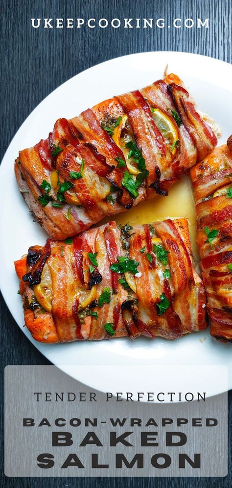 Crispy Salmon Recipe, Bacon Wrapped Salmon, Bacon Salmon, Salmon Recipe Pan, Bacon Pasta Recipes, Salmon Dinner Recipes, Salmon Bites Recipe, Bacon Dinner, Christmas Side Dish Recipes