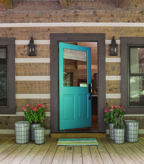 11 Bright Front Door Colors That Will Seriously Amp Up Your Curb Appeal Turquoise Doors On Houses, Turquoise Door Exterior, Scandi Exterior, Cabin Addition, Cabin Makeover, Bright Front Doors, Entry Door Colors, Exterior Door Colors, Porch House