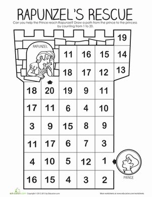 Kindergarten Counting & Numbers Mazes Worksheets: Rapunzel's Number Maze Number Maze, Maze Worksheet, Preschool Counting, Kids Game, Kindergarten Math Worksheets, School Worksheets, Math Numbers, Free Printable Worksheets, First Grade Math