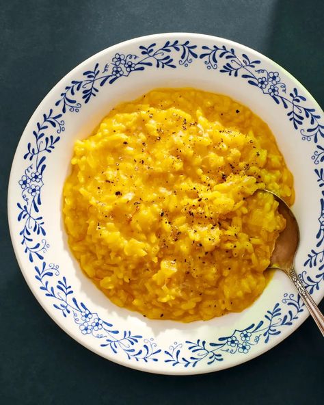 Risotto alla Milanese | Saveur February Mood Board, Saveur Recipes, Milanese Recipe, Provincial Kitchen, Risotto Milanese, Autumn Meals, Meatless Pasta, Risotto Alla Milanese, Risotto Dishes