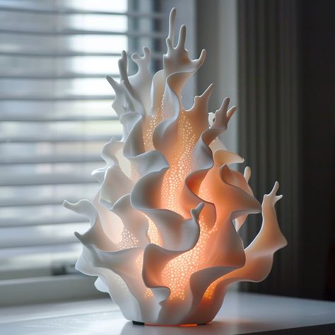 Introducing the “Coral Breeze” lamp: Inspired by the delicate beauty of coral formations, this lamp features a base mimicking the texture and hues of underwater reefs, adding a touch of coastal charm to any space. Conceptual AI Art Follow @ecosapiens for more! Sea Lamp, Nature Lamp, Modern Product Design, Light Art Design, Product Design Ideas, Coral Texture, Coral Lamp, Bionic Design, Lamp Inspired