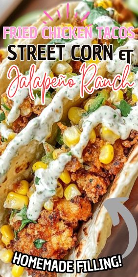 Fried Chicken Tacos with Street Corn & Jalapeño Ranch Fried Chicken Street Tacos, Chicken Street Corn Tacos, Fried Chicken Street Corn Tacos, Street Corn Chicken Tacos, Fried Chicken Tacos, Corn Tortillas Tacos, Sour Cream Ranch Dressing, Jalapeño Ranch, Fried Chicken Taco