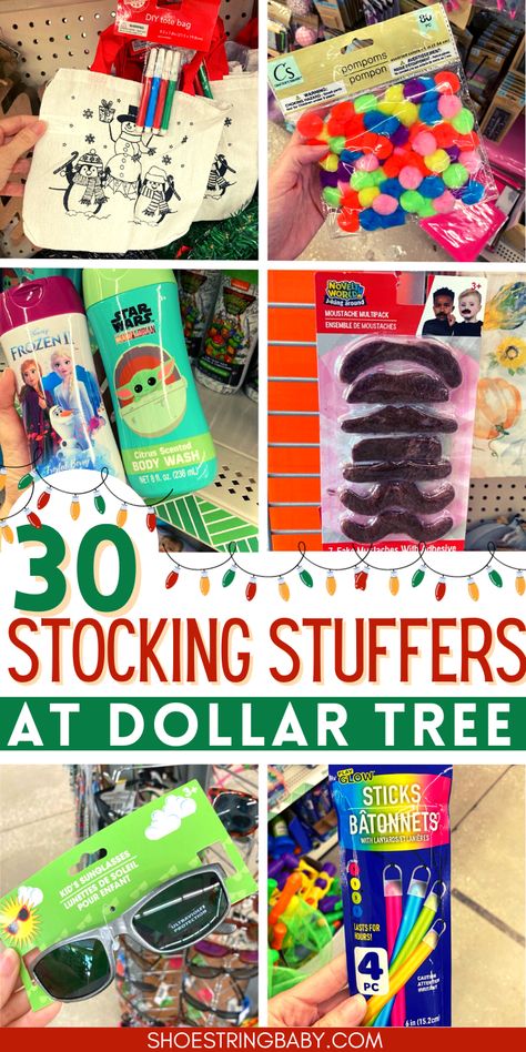 The text of the image says 30 stocking stuffers at Dollar Tree. It includes 6 square pictures of dollar tree items: a snowman tote bag, colorful pompoms, shampoo bottles, stick on mustaches, sunglasses, and glow sticks Stocking Stuffers For Kids Classroom, Kids Christmas Party Ideas For School Stocking Stuffers, Class Stocking Stuffer Ideas, Kindergarten Stocking Stuffers, Dollar Tree Stocking Stuffers For Kids, Old Fashioned Stocking Stuffers, Stocking Stuffers For Preschoolers, Cheap Stocking Stuffers For Kids, Stocking Stuffers Under $5