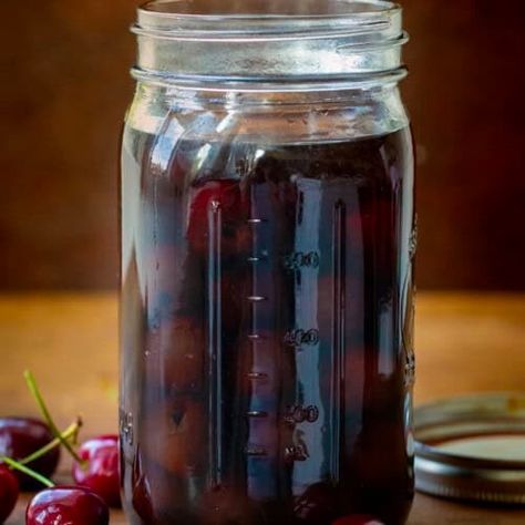 Cherry Bounce Recipe - i am baker Cherry Bounce Recipe, Homemade Liqueur, Cherry Bounce, Grape Ice Cream, Cordial Recipe, Bourbon Cherries, Fall Favorites Recipes, Cherry Cordial, Homemade Liquor