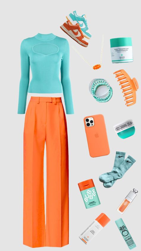 #orange #teal #outfit Orange Crop Pants Outfit, Orange Bottoms Outfit, Crop Pants Outfit, Teal Outfit, Cropped Pants Outfit, Crop Pants, Pants Outfit, Cropped Pants, Orange