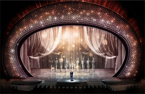 For one set, translucent fabric creates cellophane-esque drapes that surround the stage—a look often found in vintage film musicals. Eleven towering Oscar statuettes, seen in the center of the sketch, are formed by individual strands of Swarovski crystals. “Where the crystals are and aren't determines the shape of the statuette,” says McLane. “We used about 150,000 crystals in the strands.” Swarovski is no stranger to the Oscars stage—more than one million crystals have been used in the ceremony Art Deco Stage, Art Deco Theater, Visual Lighting, Concert Stage Design, Event Stage, Theatre Design, Theatre Set, Eclectic Art, Scenic Design