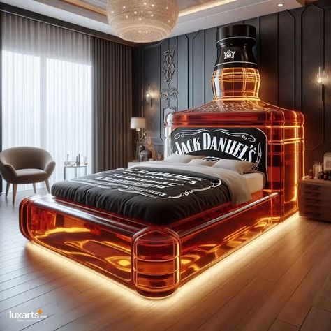 Jack Daniel's Beds: Unique Furniture Inspired by a Classic Whiskey Brand 10 Jack Daniels Furniture, Jack Daniels Kitchen Theme, Jack Daniels Lamp Diy, Unique Bed Frames, Jack Daniels Lights Bottle Lamps, Whiskey Neon Sign, Theme Beds, Tv Stand Designs, Bed Headboard Design