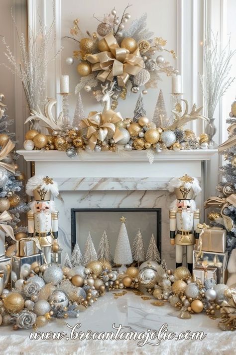 White And Gold Christmas Kitchen Decor, White Gold Silver Christmas Mantle, Glam Fireplace Mantle Decor, Gold Christmas Tree Decorations Ideas, Glam Christmas Tree Ideas, Luxury Christmas Aesthetic, Gold And Silver Christmas Decor, Christmas Silver And Gold, Glam Christmas Decor Ideas