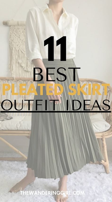 Thinking about what to wear with pleated skirt? This post shows you 13 pleated skirt outfit ideas and exactly how to style pleated skirts so it looks classy. These outfits include black pleated skirts, short pleated skirts, long pleated skirts, white pleated skirts, winter pleated skirts, and summer pleated skirt ideas. Pleated Skirt With Button Down Shirt, Sage Green Pleated Skirt Outfit, Satin Pleated Midi Skirt Outfits, Pleated Skirt Business Casual, Pleated Chiffon Skirt Outfit, Teal Pleated Skirt Outfit, White Pleated Skirt Outfit Ideas, How To Style A Pleated Skirt Midi, Pleated Skirt Outfit Christmas