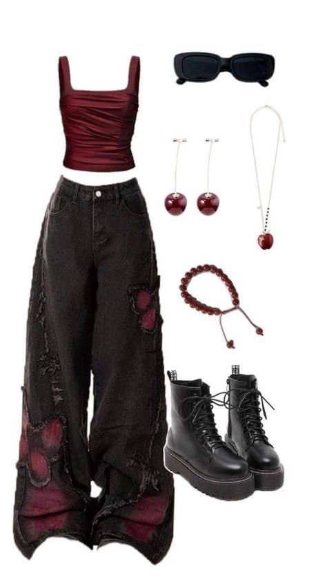 Small Top Big Pants, Winter Outfits Dinner, Red Outfit Aesthetic, Outfit Ideas For School Fall, Black And Red Outfit, Cute Outfits Winter, Big Pants, Grunge Outfit, Outfit Layout