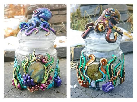 Sonya Wiens Artist - polymer clay octopus jar sculpture Octopus Jar Polymer Clay, Glass Jar Clay Art, Polymer Clay Glass Jars, Ocean Polymer Clay, Clay Jar Ideas, Polymer Clay Jar, Jar Sculpture, Polymer Clay Octopus, Clay Octopus