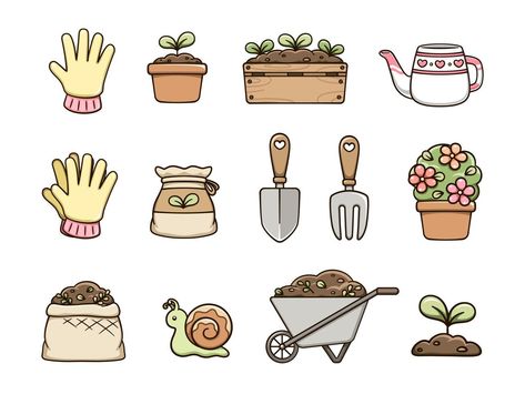 Gardening clipart set. Potted plants, garden items and planting tools. Cute spring summer digital stickers cartoon illustration. Potted Plants Garden, Earth Overshoot Day, Garden Cartoon, Gardening Clipart, Gardening Illustration, Garden Stickers, Cartoon Garden, Silent Running, Garden Clipart