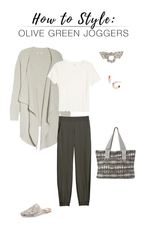 CASUAL COOL IN ATHLETA'S BROOKLYN JOGGERS: 6 OUTFIT IDEAS | We're eyeing the Athleta Texture Brooklyn Joggers in gorgeous olive green. We've got 6 classy, casual outfit ideas...taking comfy loungewear next level. | #TheMomEditStyle #AthletaTexturedBrooklynJoggers #OliveGreenJoggers #ClassyJoggersOutfits #CasualOutfitIdeas #WorkFromHomeOutfits #BusinessCasualOutfits #ElevatedLoungewear #AllBlackOutfits Athleta Travel Outfit Ideas, Athleta Work Outfits, Green Joggers Outfit, Athleta Outfits, Band Tee Outfits, Neo Grunge, Mom Clothes, Mom Edit, Jogger Pants Outfit