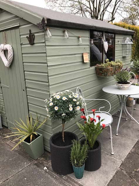 Another good grey-green for painting sheds, fencing etc to make them less obtrusive. Side Fence Garden Ideas, Side Of Shed Decor Ideas, Painted Sheds Ideas Backyards, Green Shed Ideas, Shed And Fence Colour Ideas, Garden Shed Colours Ideas, Painted Shed Ideas, Side Of Shed Decor, Garden Shed Paint Ideas