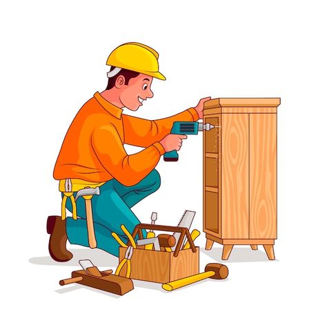 Hand drawn carpenter cartoon illustratio... | Premium Vector #Freepik #vector #beautiful #industry #carpenter #illustration Carpenter Cartoon Image, Carpenter Drawing, Carpenter Illustration, Father Cartoon, Labour's Day, Hiring Poster, Cartoon Clip, Dslr Background, Flashcards For Kids