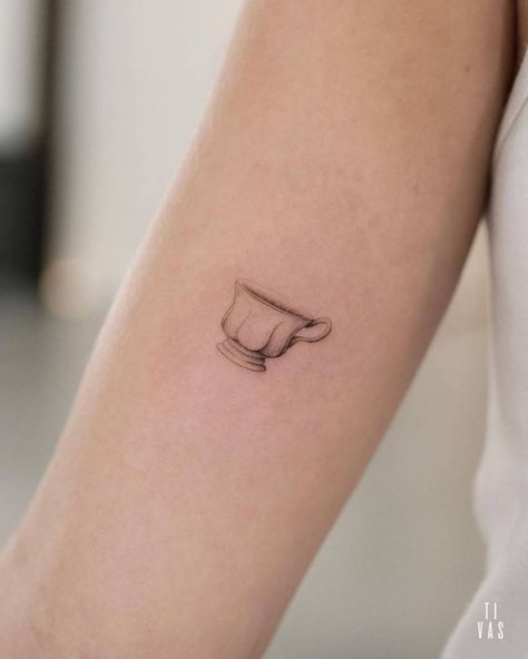 Tea Cup Tattoo Small Vintage, Chipped Tea Cup Tattoo, Tiny Tea Cup Tattoo, Tiny Teacup Tattoo, Teacup Tattoo Tiny, Kettle Tattoo, Vintage Teacup Tattoo, Espresso Cup Tattoo, Small Realistic Tattoo