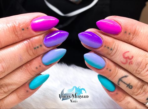 Magenta And Teal Nails, Pink Purple Blue Nail Designs, Pink Purple Blue Ombre Nails, Blue And Purple Ombré Nails, Neon Blue And Purple Nails, Blue To Purple Nails, Aqua And Purple Nails, Pink And Blue Gradient Nails, Pink Purple Teal Nails