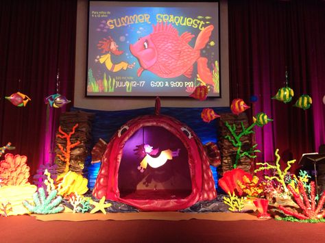 Stage Decoration- VBS Summer Seaquest 2015  Seven Day Adventist Church Hispanic. West Palm Beach,FL Scuba Vbs Stage Decorations, Vbs Ocean Theme, Ocean Vbs, Scuba Vbs, Puppet Stage, Adventist Church, Vbs 2023, Jonah And The Whale, Vbs Themes