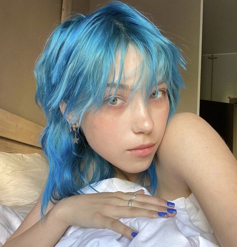 @heykrls on instagram Blue Shag Hair, Blue Hair Aesthetic, Shag Hair, Hair Aesthetic, Ulzzang Girl, Face Claims, Blue Hair, Bright Blue, Hair Inspo