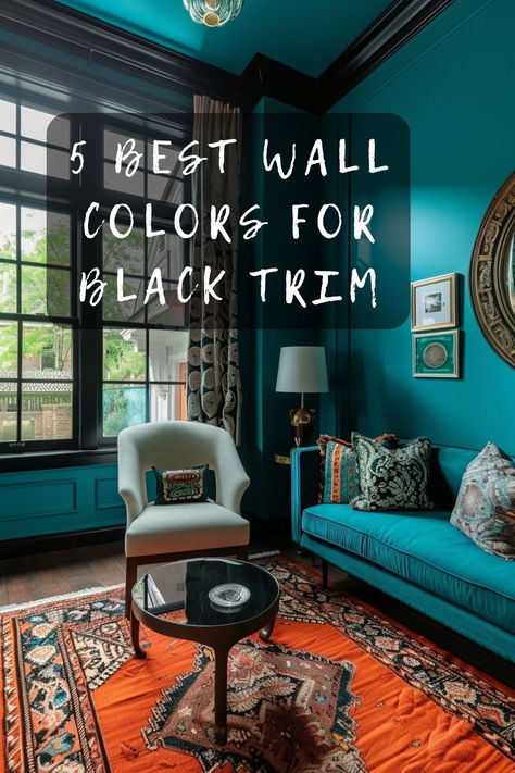 Wondering what color walls go with black trim? Here are some top choices that will perfectly complement your elegant trim. Click to explore these stylish options! 🎨🏡 #HomeDecor #BlackTrim #WallColors #InteriorDesign #DecorInspo Dark Blue Walls With Black Trim, Teal Walls Black Trim, Unique Trim Colors, White Rooms With Black Trim, Purple Walls Black Trim, Blue Walls With Black Trim, Wall Colors With Black Trim, Trim Painted Same Color As Walls, Black Trim Interior Living Rooms