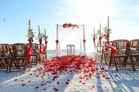 Red rose petals for a romantic wedding aisle. www.tidetheknotbeachweddings.com Beach Wedding Colors Schemes, Beach Wedding Red, Beach Wedding White, Wedding Arbor, Red And White Weddings, Destination Wedding Decor, Beach Wedding Colors, Key West Wedding, Wedding Ceremony Arch