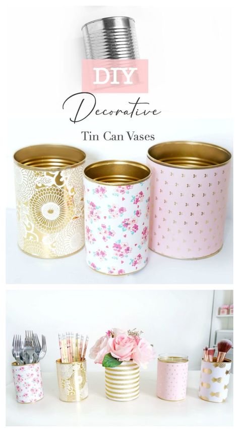 Americana Crafts, Fleurs Diy, Tin Can Crafts, Pretty Decor, Diy Vase, Can Crafts, Wine Bottle Crafts, Mason Jar Crafts, Décor Diy