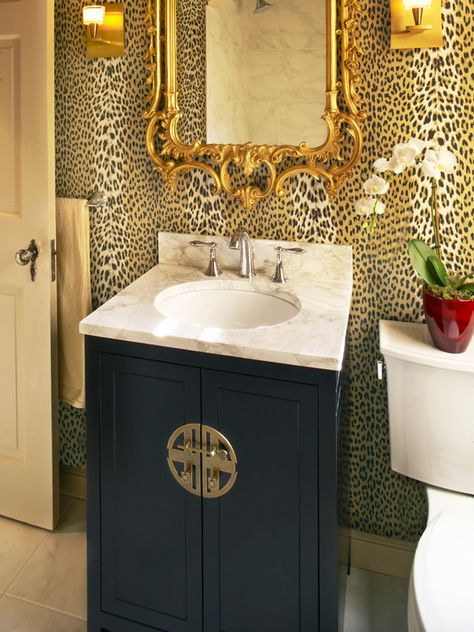 Animal Print Bathroom, Wallpaper Powder Room, Leopard Print Wallpaper, Leopard Wall, Eclectic Bathroom, Bathroom Wallpaper, Print Wallpaper, Beautiful Bathrooms, Bathroom Inspiration